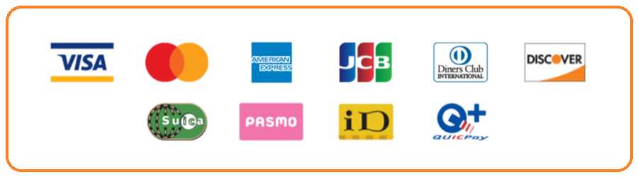 対応クレジットカード・電子マネー一覧（VISA・Mastercard・AMEX・JCB・Diners Club・DISCOVER／Suica・PASMO・iD・QUICPay+）